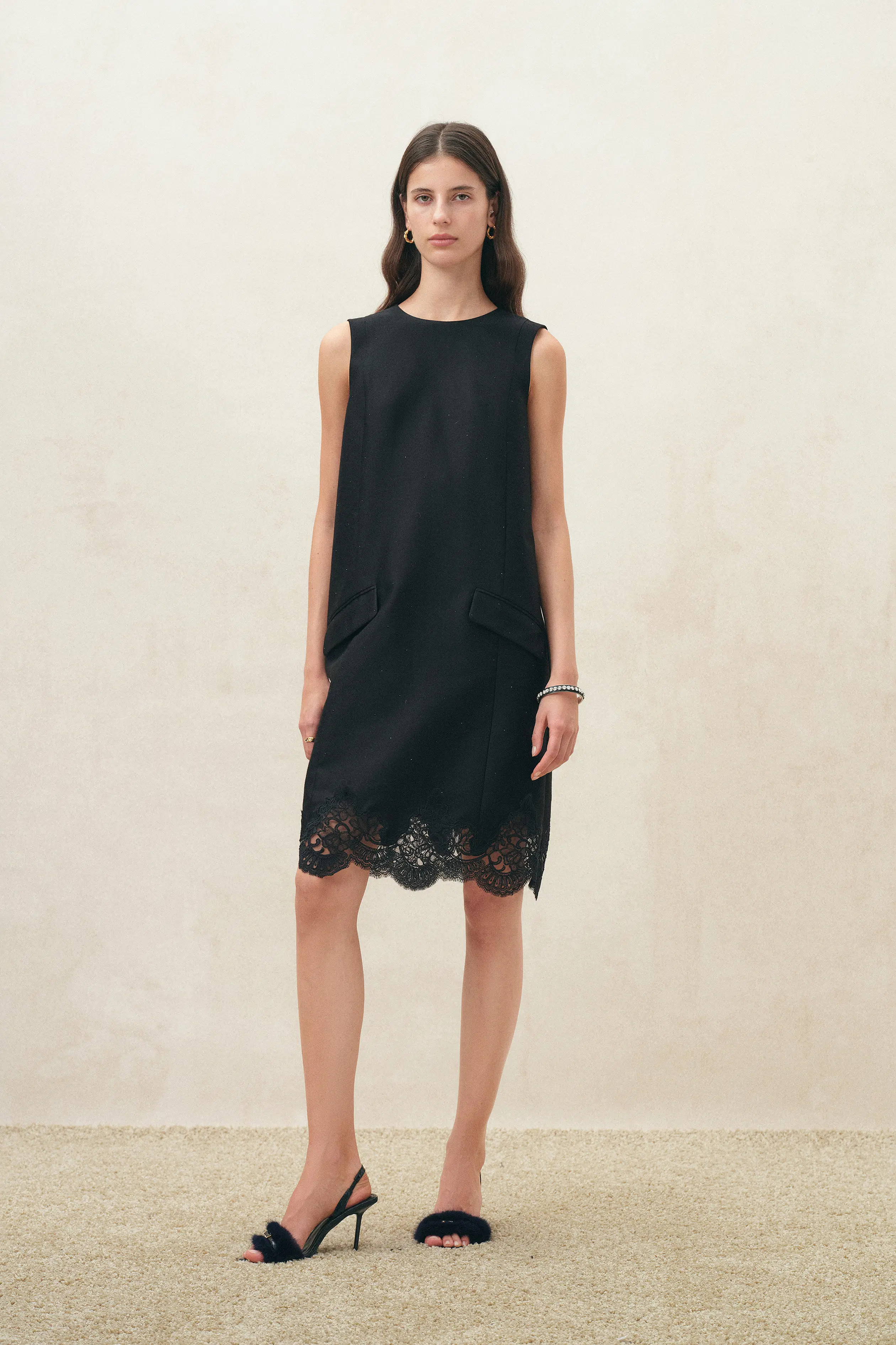 Violet Embroidery Embellished Dress in Silk-Wool Satin | Fabrique