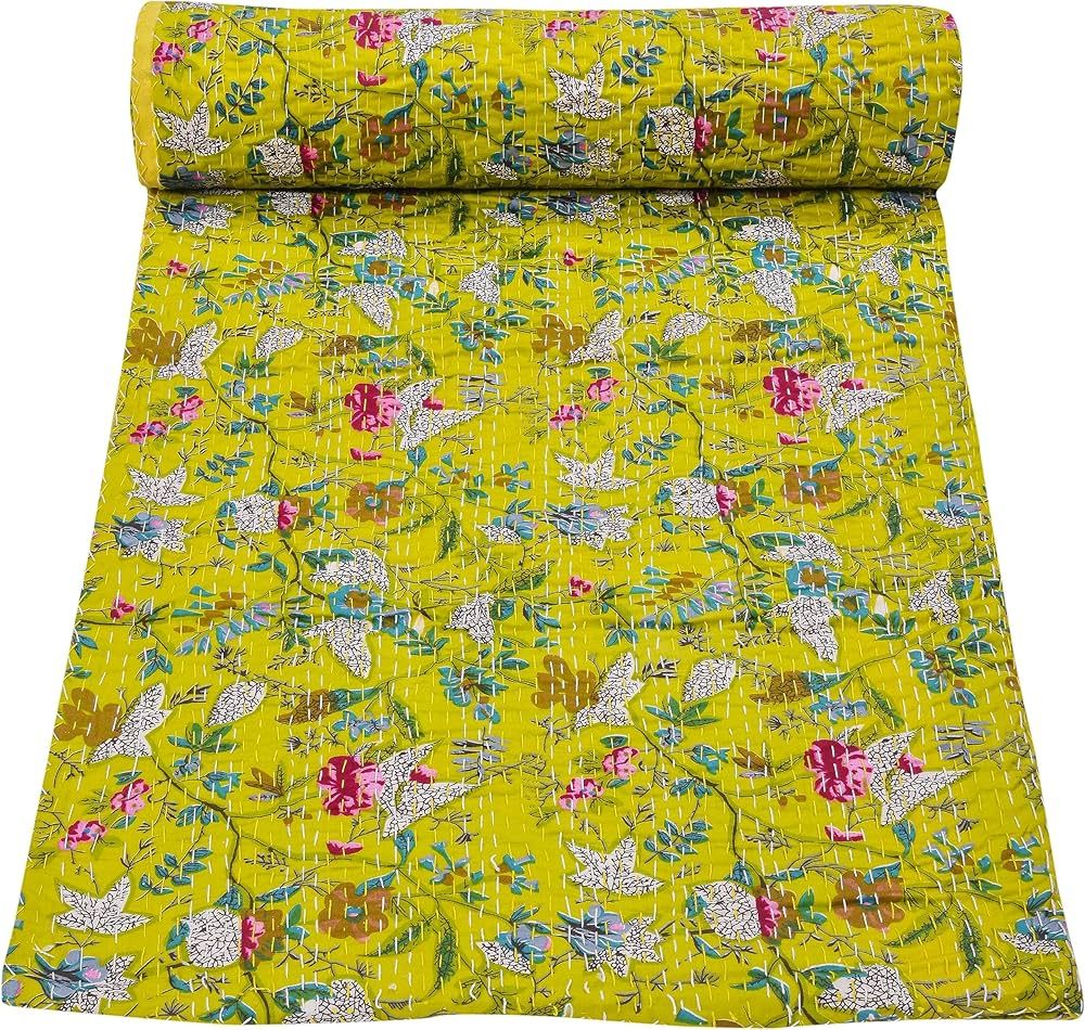 Marubhumi Indian Handmade Vintage Kantha Paradise Quilt, Reversible Kantha Quilt (Parrot Green, Q... | Amazon (US)