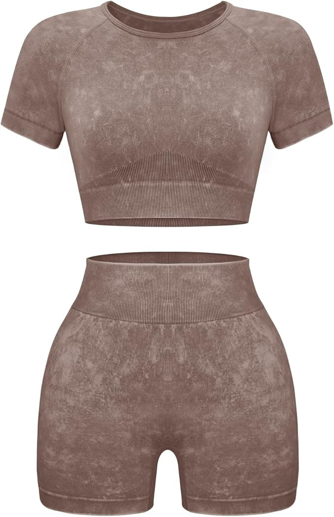 OLCHEE Womens Workout Sets 2 Piece - Seamless Acid Wash Yoga Outfits Shorts and Crop Top Matching... | Amazon (US)
