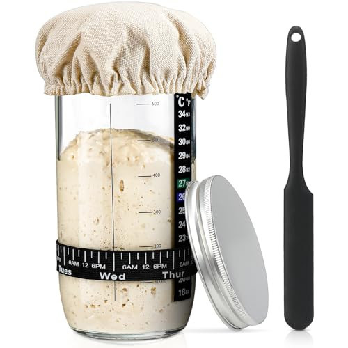 Sourdough Bread Baking Supplies,24 oz Sourdough Starter Jar Glass, Sourdough Starter Kit with Date Marked Feeding Band, Thermometer, Silicone Scraper, Sewn Cloth Cover & Aluminum Lid, Sourdough Jar | Amazon (US)