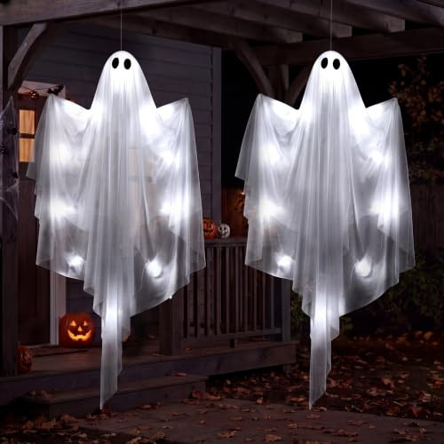 JOYIN 2 Pcs 47” Halloween Light up Hanging Ghost Decorations Outdoor, Cold White Flying Lighted Ghosts with Timer for Haunted House Prop, Front Yard Patio Party Decor Indoor Outside | Amazon (US)