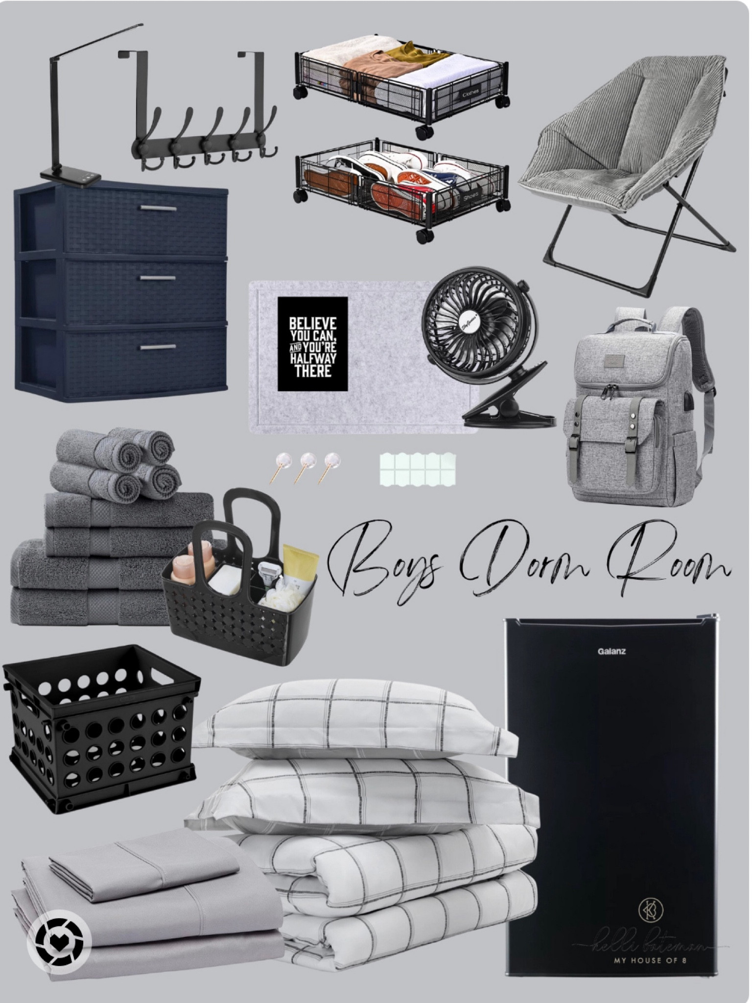 Boys dorm room bedding and storage essentials. 