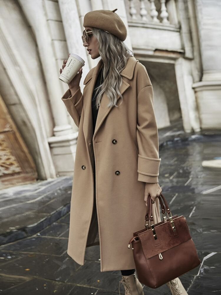 Lapel Collar Double Breasted Coat | SHEIN