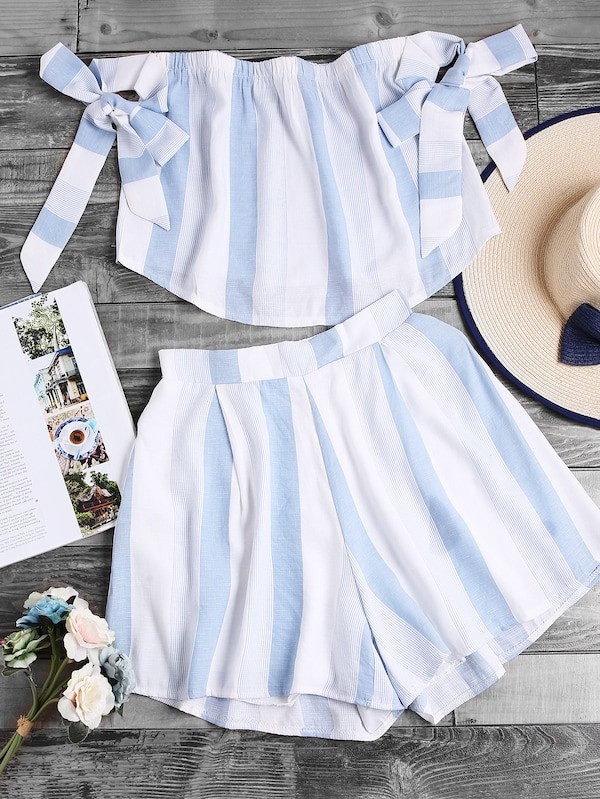 Sash Tie Sleeve Striped Bardot Top With Shorts | SHEIN
