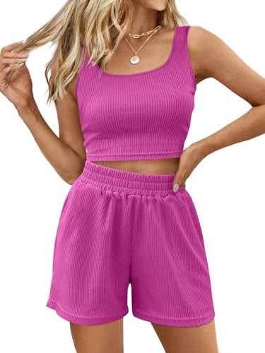 Trendy Queen Two Piece Summer Outfits 2 Piece Sets 2026 Sleeveless Matching Lounge Crop Top High Waisted Short Hotpink M | Amazon (US)