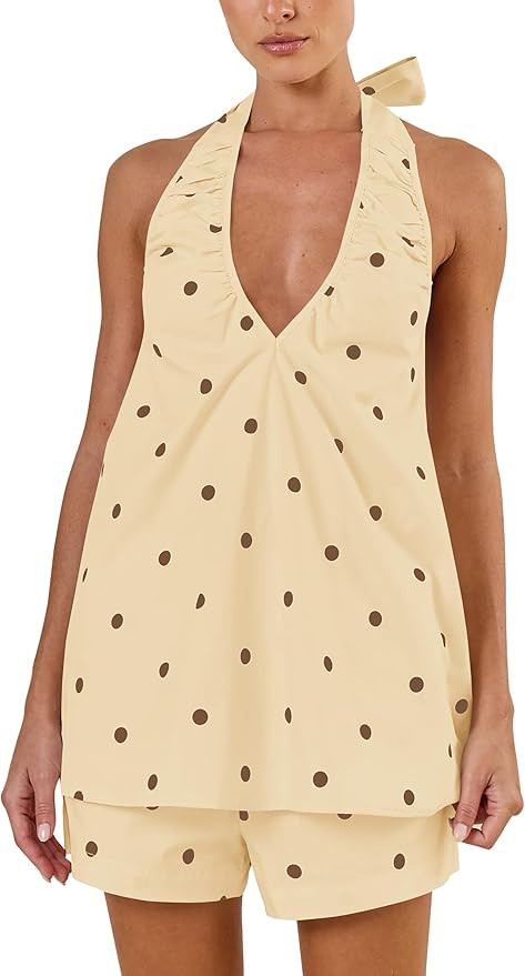 Polka Dot Short Sets for Women Deep V Neck Sleeveless Halter Top High Rise Shorts Matching 2 Piec... | Amazon (US)