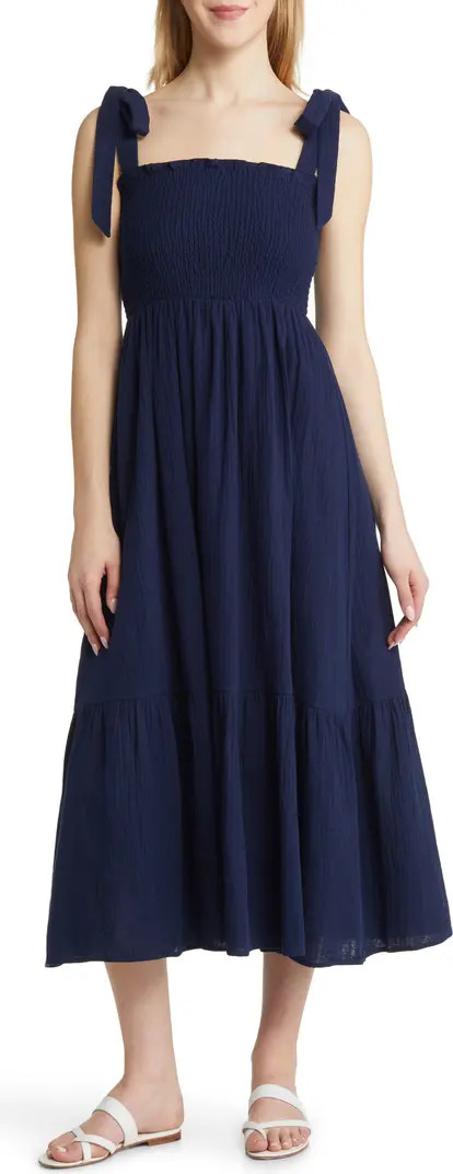 Smocked Tie Strap Cotton Gauze Midi Sundress | Nordstrom