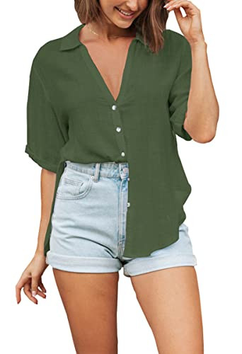Womens Button Down Linen Shirts V Neck Roll Up Cuffed Sleeve Blouses Loose Collared Shirt Casual Formal Work Office Tops,Army Green L | Amazon (US)