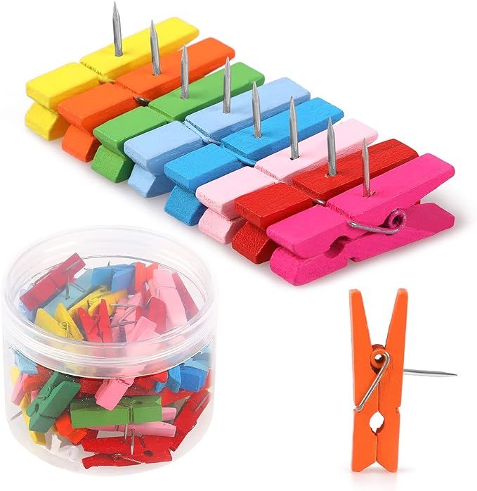 50 PCS Colorful Push Pin with Wooden Clips, Durable Wooden Push Pins, Decorative Pushpins Tacks T... | Amazon (US)