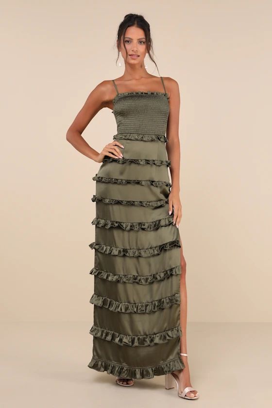 Sincerely Fabulous Olive Green Satin Smocked Ruffled Maxi Dress | Lulus