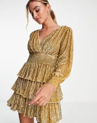 Miss Selfridge embellished sequin tiered mini dress with long sleeve in gold | ASOS (Global)