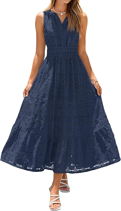 Simplee Women Summer Lace Eyelet Maxi Dress 2026 Sleeveless Casual V Neck A Line Boho Flowy Beach... | Amazon (US)