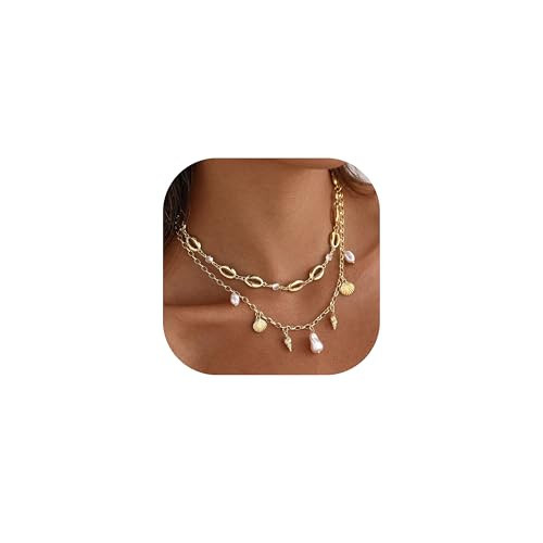 Shell Charm Necklace For Women Stack 14k Gold Plated Seashell Pearl Necklace Dainty Starfish Beach Layered Pendant Summer Boho Jewelry Gifts (Style B) | Amazon (US)