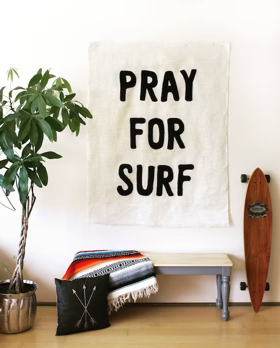 PRAY FOR SURF Wall Mural banner Beach Cottage chic surfer girl shack coastal burlap home decor ar... | Etsy (US)