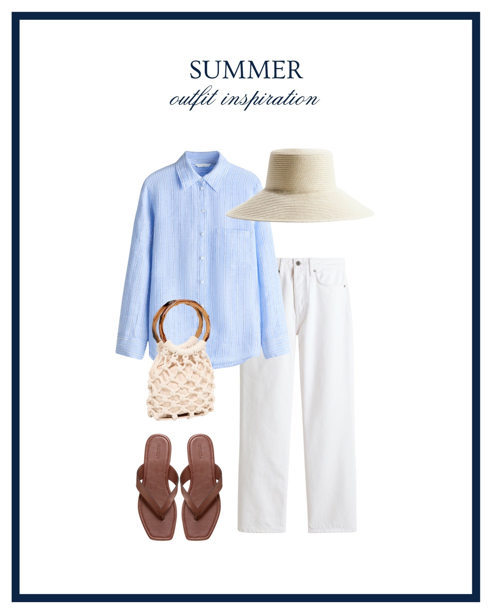 Summer outfit inspiration 🤍🌊 Styling white jeans, linen button down, sun hat, woven beach bag, and brown flip flops. Coastal grandmother style inspiration