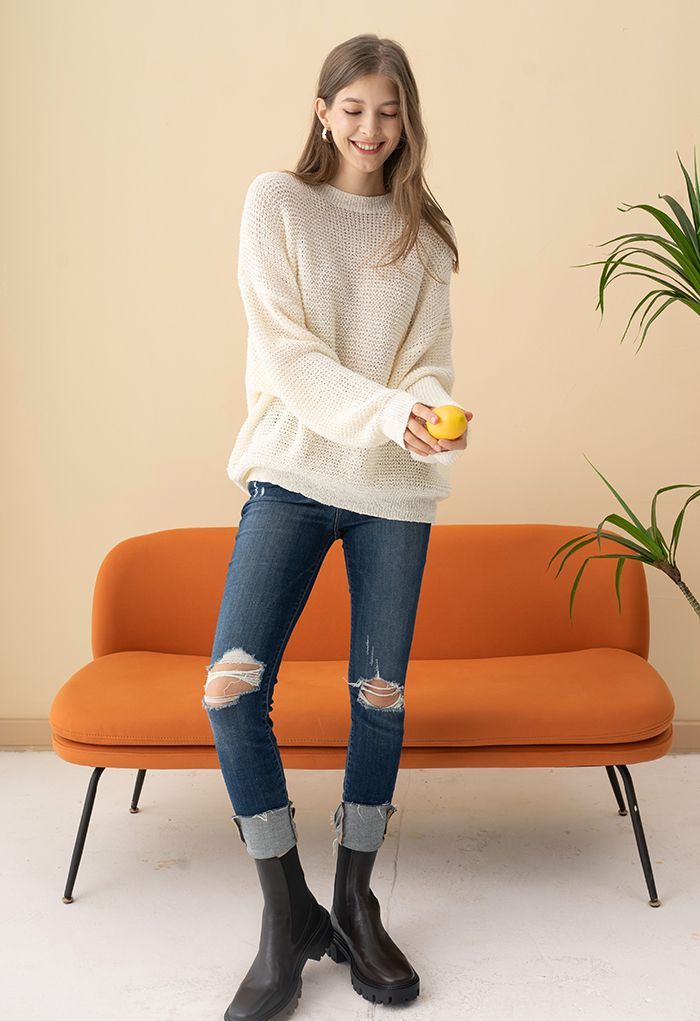 Oversize Hollow Out Knit Sweater in Cream | Chicwish