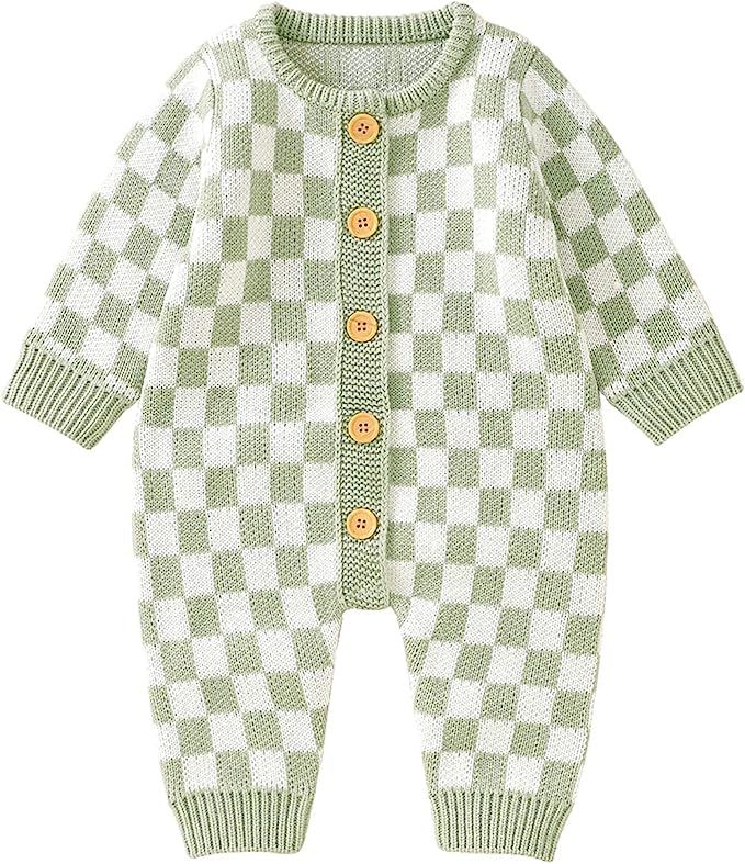 Infant Baby Girl Boy Knitted Sweater Romper Jumpsuit Checkerboard Plaid Print Long Sleeve Button ... | Amazon (US)