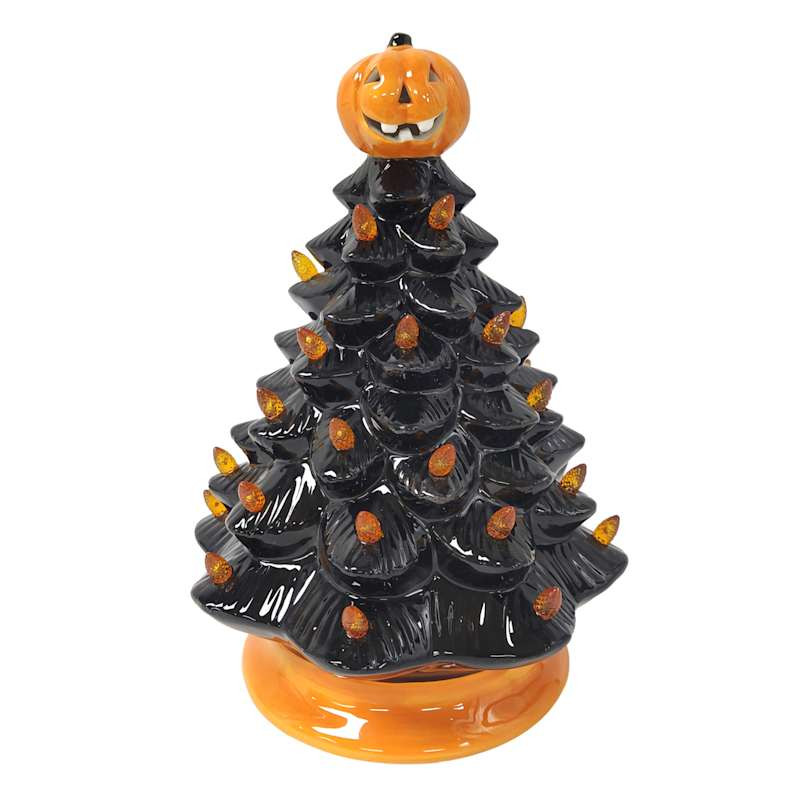 Happy Haunting Jack-o'-Lantern Topped Black Halloween Ceramic Tree, 9.8" | At Home