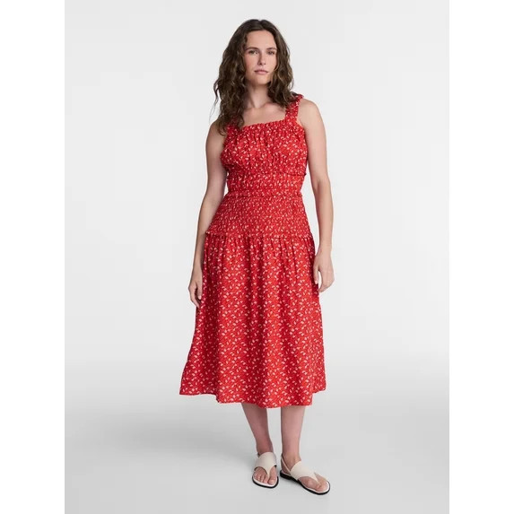 Time and Tru Women's and Women's Plus Sleeveless Smocked Cotton Peasant Midi Dress, Sizes XS-4X | Walmart (US)