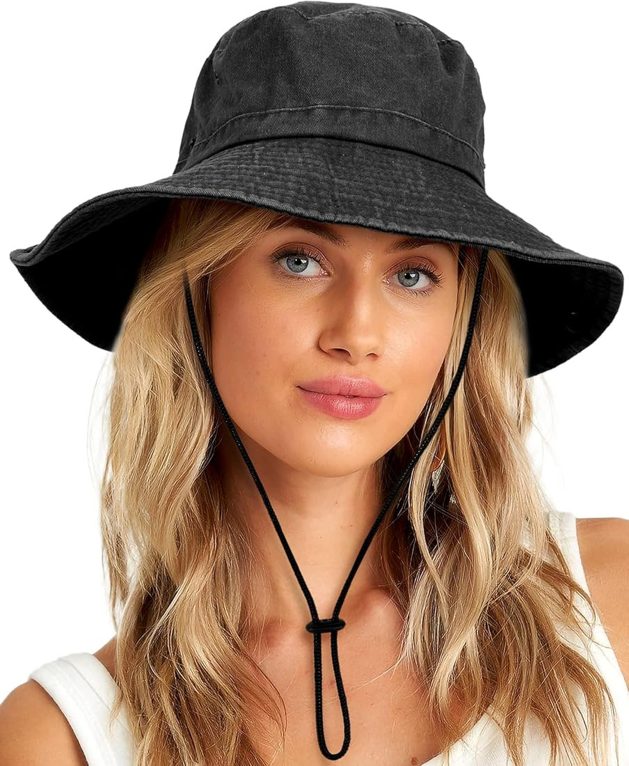 Wide Brim Bucket Sun Hat Packable Cotton Washed UPF 50 Beach Hat for Women Men with Strings Cowbo... | Amazon (US)