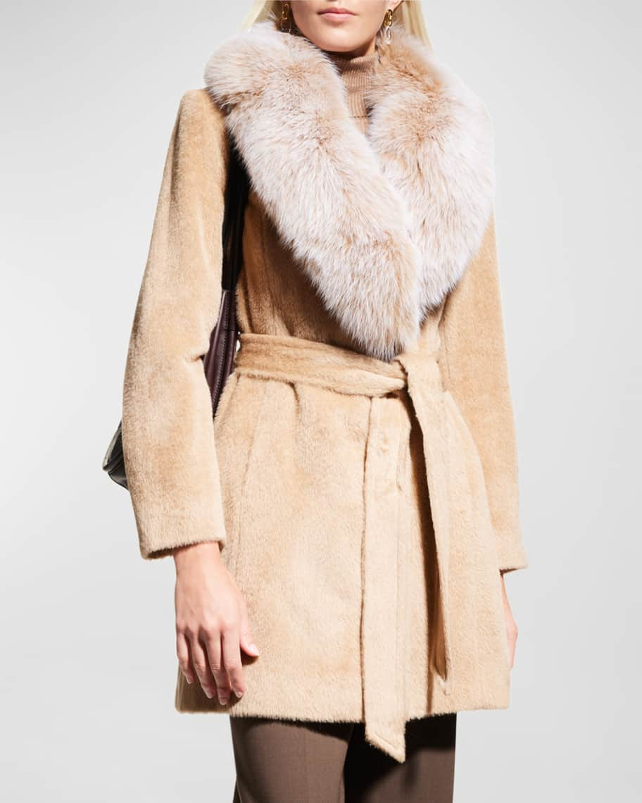 Sofia Cashmere Fox Fur Collar Belted Alpaca Wool Wrap Coat | Neiman Marcus