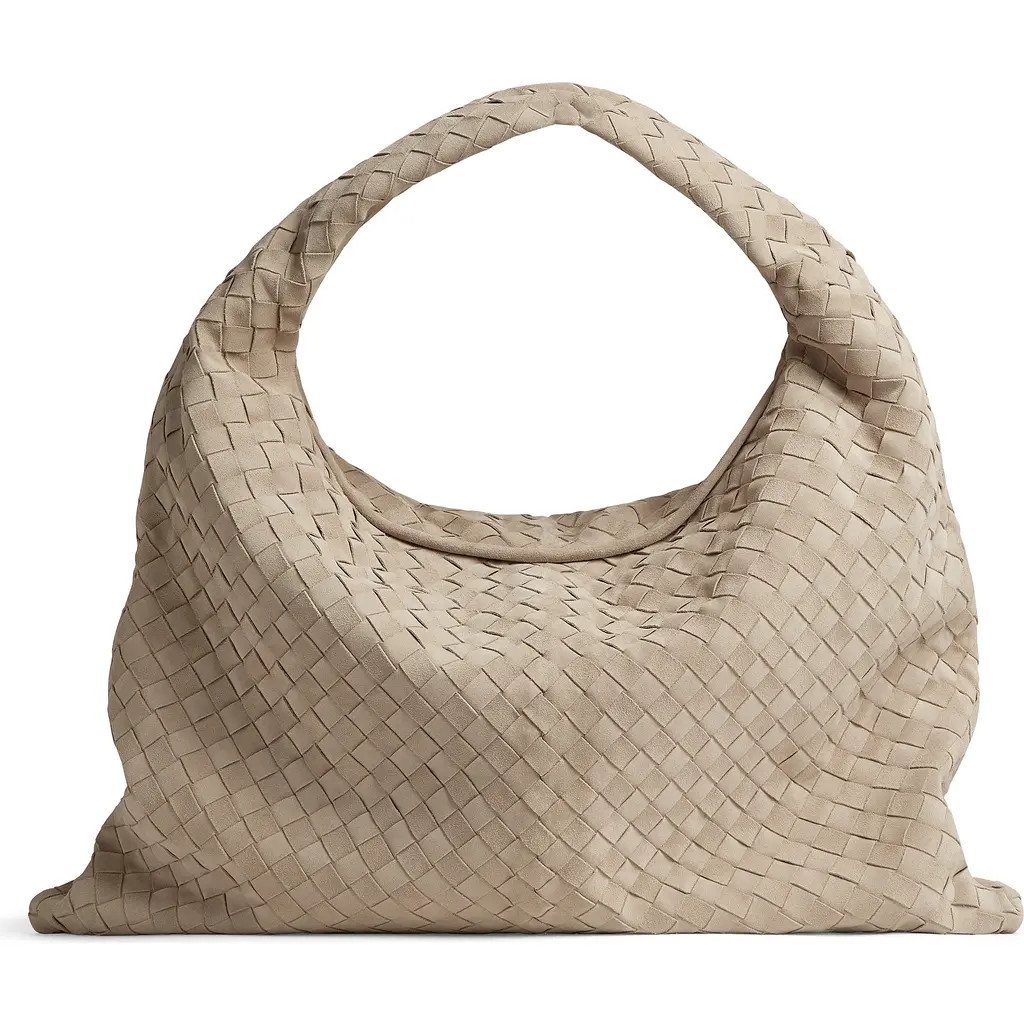 Bottega Veneta Large Hop Intrecciato Suede Hobo Bag in 9614 Ecru-Muse Brass at Nordstrom | Nordstrom