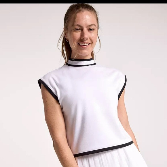 NWT CALIA Women's Ribbed Cropped Mock Neck White Sleeveless Top with Black Trim | Poshmark