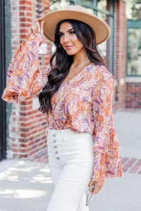 Win My Heart Orange And Purple Paisley Print Bell Sleeve Bodysuit | Pink Lily