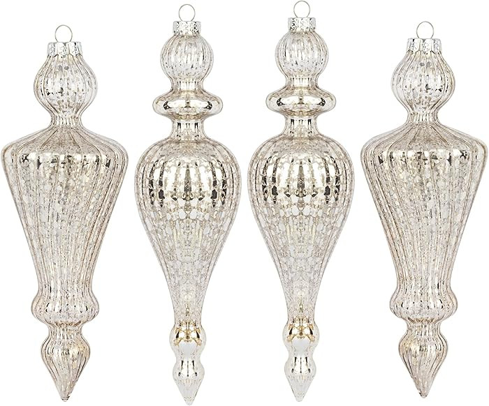 KI Store Mercury Glass Finial Christmas Ornaments Set of 4 Champagne Silver Large Hanging Christm... | Amazon (US)
