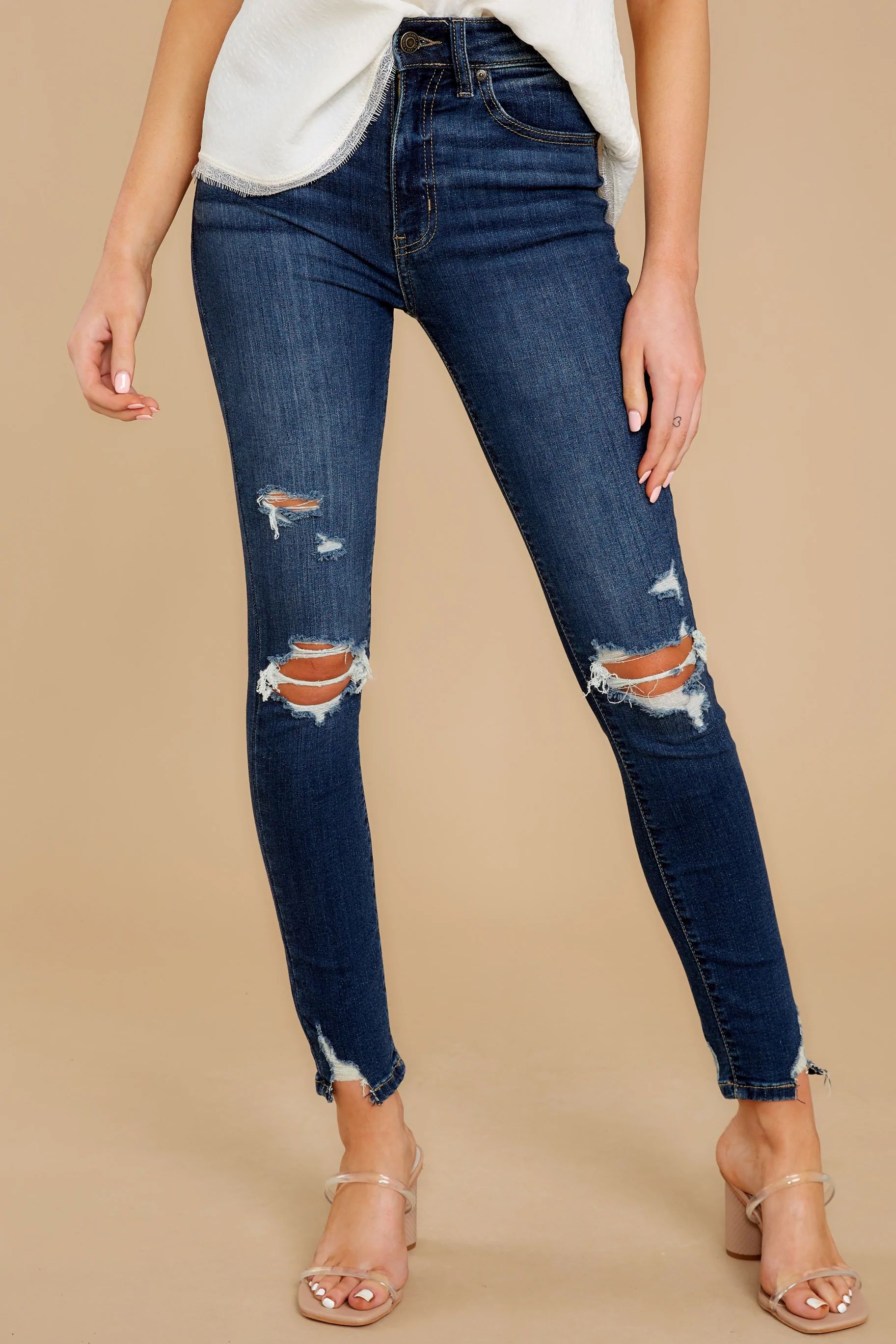 For The Record Dark Wash Distressed Skinny Jeans Blue | Red Dress 