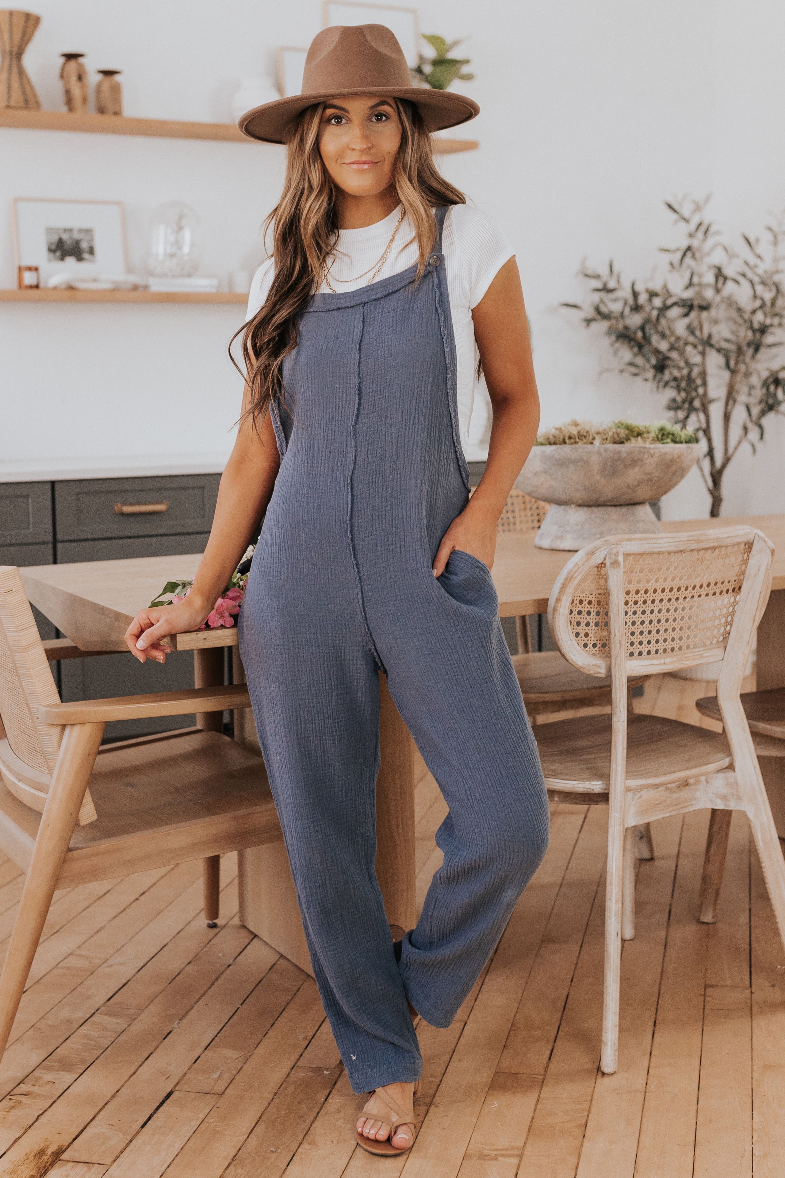 Seam Detail Faded Navy Crinkle Overalls | Magnolia Boutique