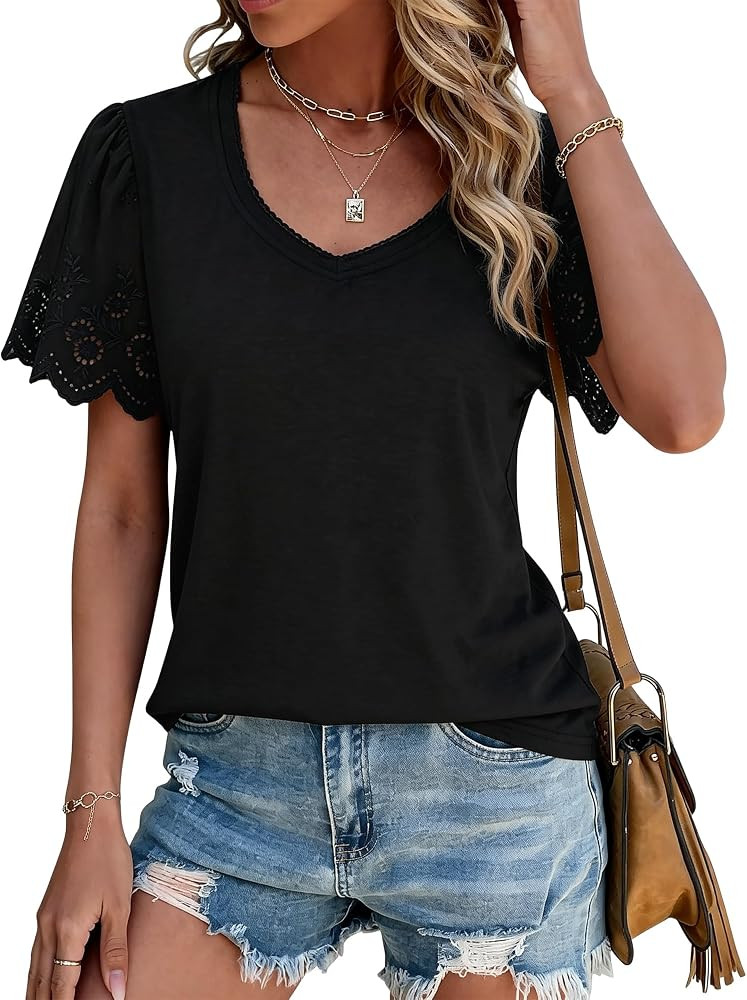 Chulianyouhuo Women's Summer V Neck Tops Short Sleeve Lace Eyelet T Shirt Casual Dressy Cute Blou... | Amazon (US)
