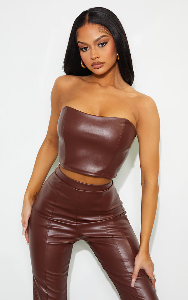 Chocolate Brown PU Bandeau | PrettyLittleThing US