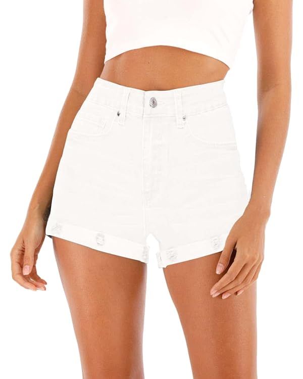 Cuihur Women's Casual High Waisted Stretchy Denim Shorts Ripped Folded Hem Jeans Shorts | Amazon (US)