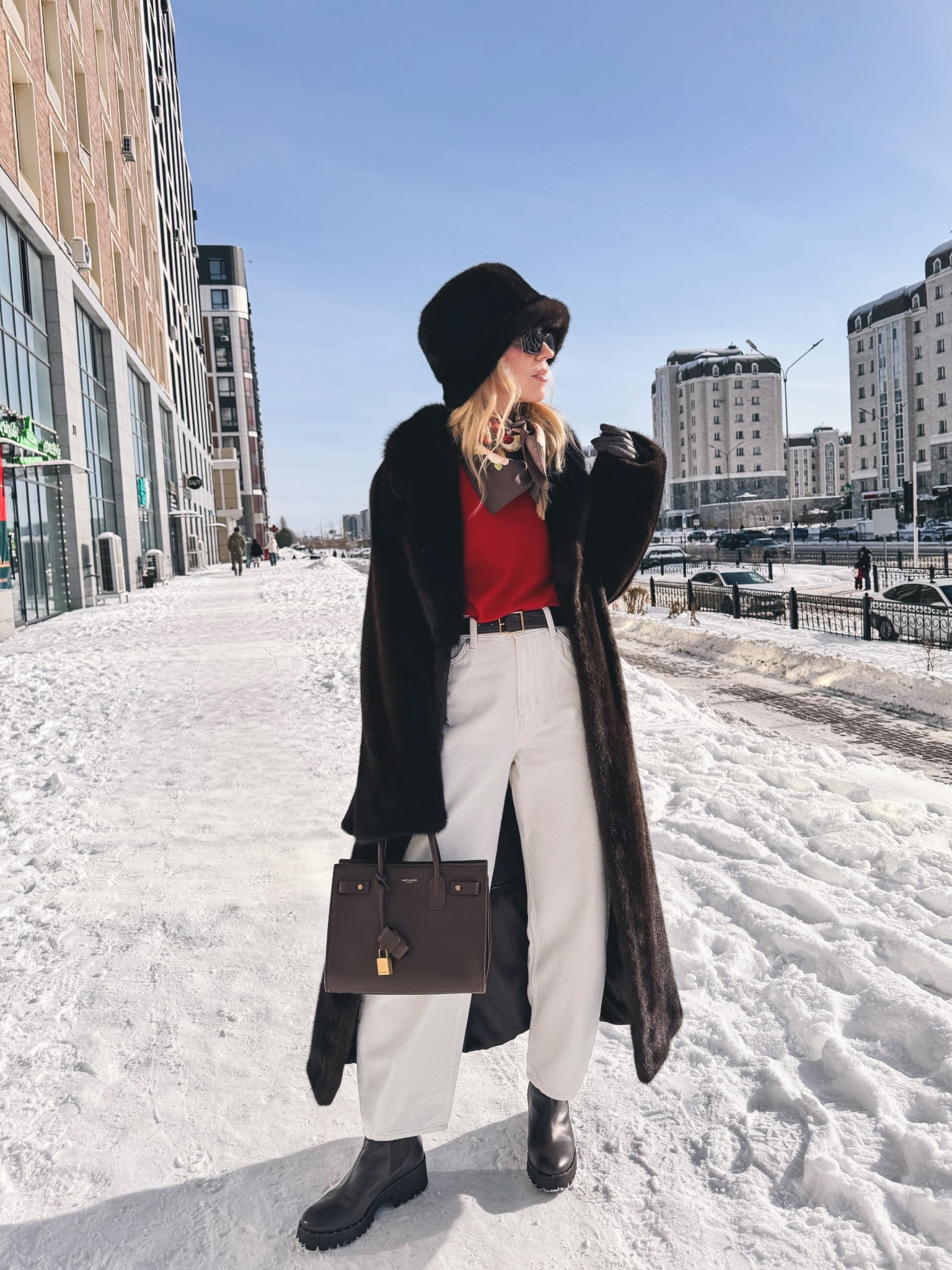 Chocolate brown fur coat, fur bucket hat, silk scarf, red sweater, white barrel jeans, lug sole boots 

#LTKSeasonal #LTKSaleAlert #LTKOver40