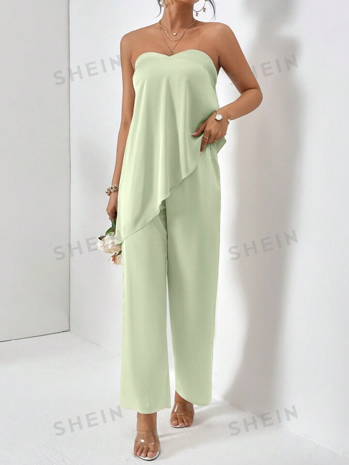SHEIN Privé Solid Asymmetrical Hem Tube Top & Wide Leg Dress Pants Two Piece | SHEIN