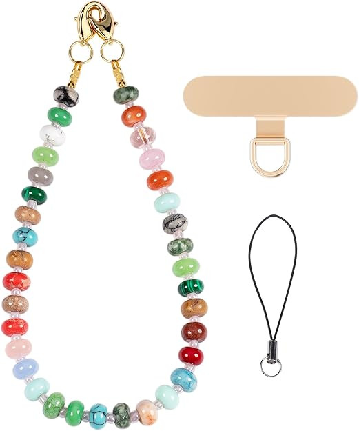 Gemstone Beaded Phone Charm Wrist Strap with Steel Cable Core Stringing, Detachable Phone Bracele... | Amazon (US)