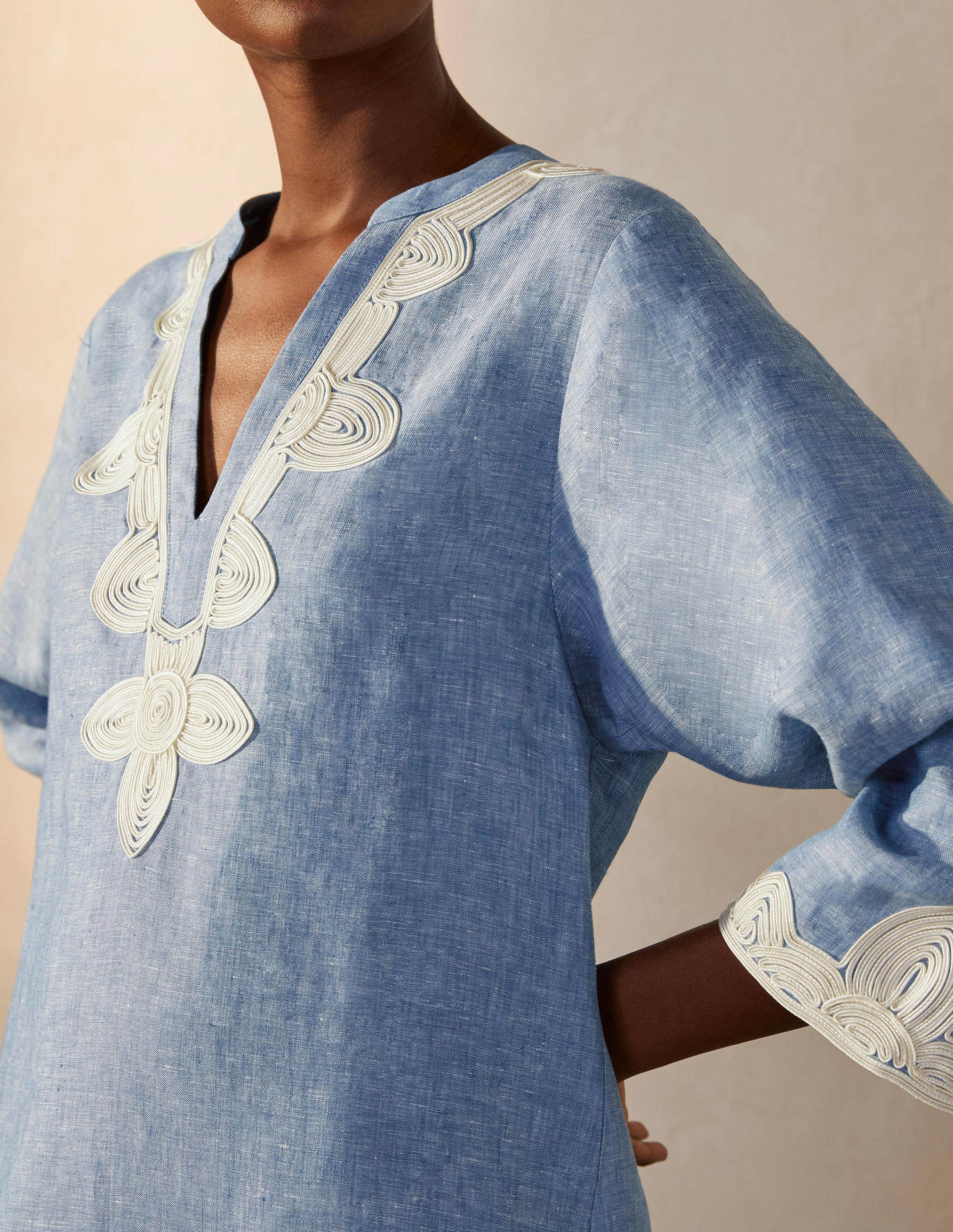 Bella Embroidered Linen Dress - Grey Blue Chambray | Boden US | Boden (US)