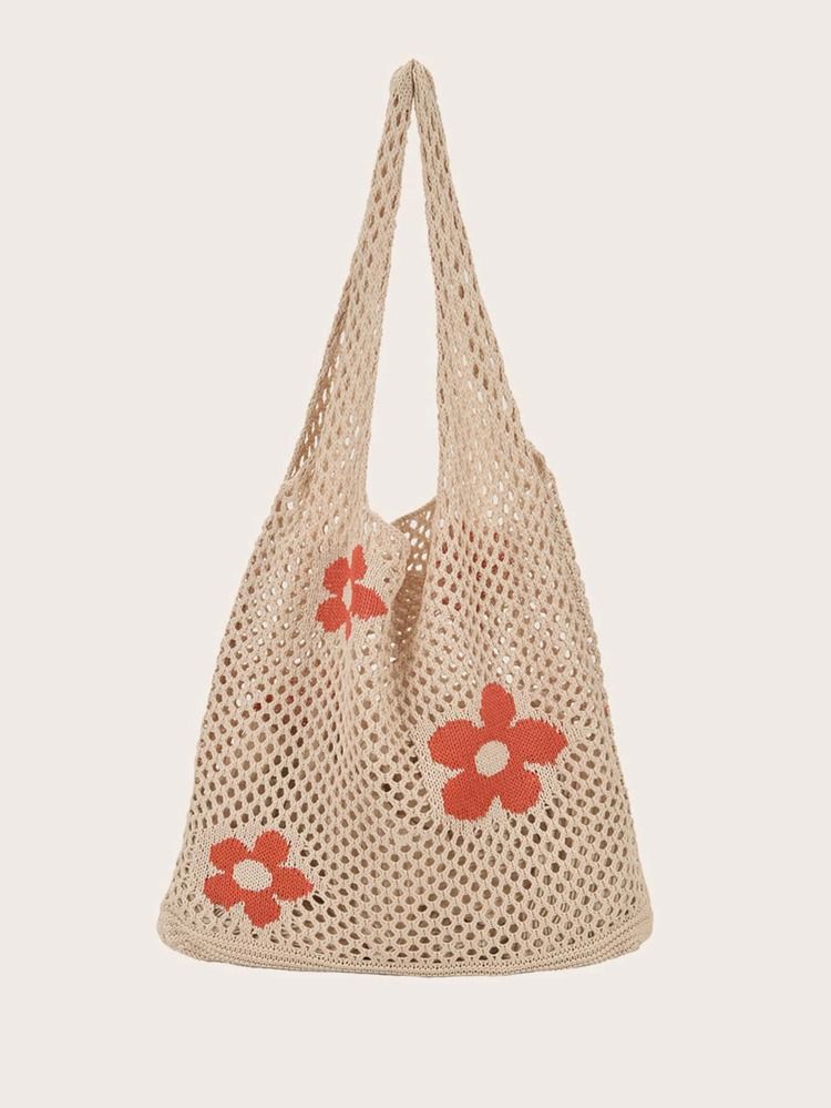 Flower Print Crochet Shopper Bag | SHEIN