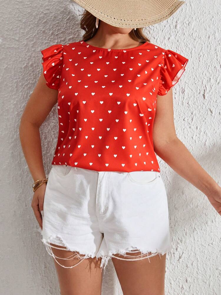 EMERY ROSE Plus Heart Print Ruffle Trim Blouse | SHEIN