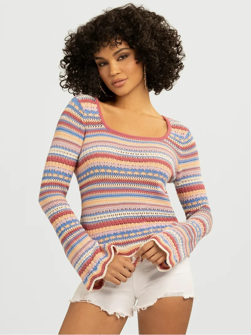 Jessica Simpson Women's Lilianna Cotton Pointelle Sweater with Long Sleeves, Lightweight, Sizes X... | Walmart (US)