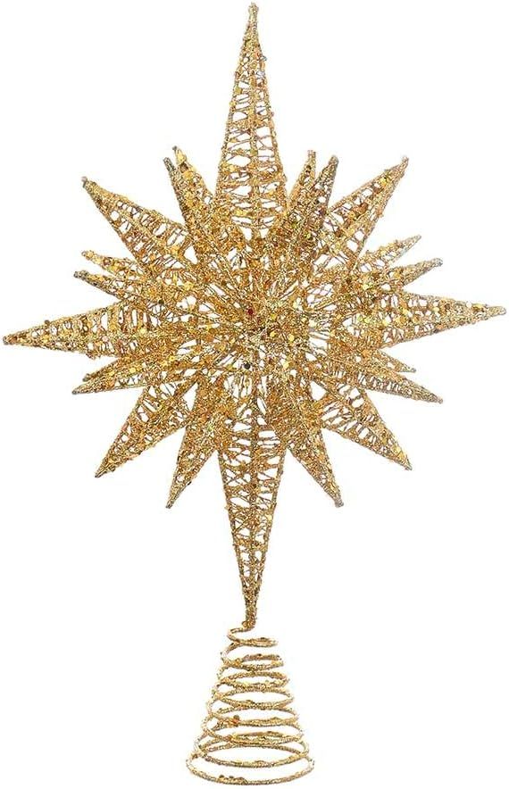 Kurt Adler Un-Lit Gold Glitter Wire 3D Star Treetop, 16.5-inch Length, Gold-Tone, Metal, Holiday ... | Amazon (US)