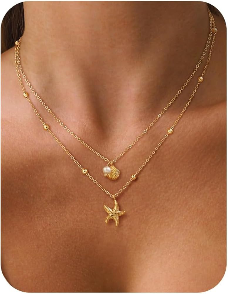 HABIKIP Valentine Gift Shell Starfish Charm Necklace for Women, Dainty Layered 14K Gold Plated... | Amazon (US)