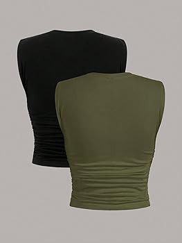 Floerns Women's Casual 2 Pcs Cap Sleeve Crew Neck Ruched Tee Top | Amazon (US)