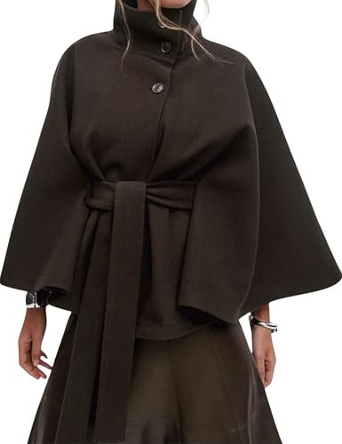 Hooever Women Batwing Sleeve Ponchos Pea Coat Wool Bland Stand Collar Jacket Winter Cropped Overcoat(Brown-M) | Amazon (US)