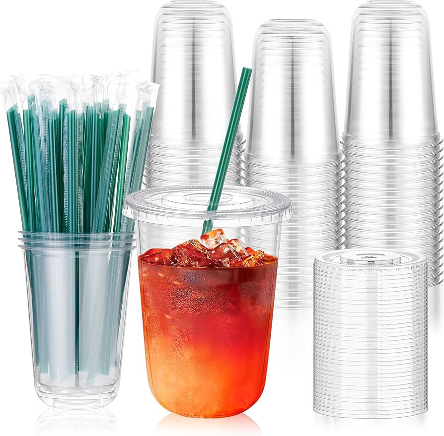 KesaPlan 50 Sets 16 oz Plastic Cups with Lids and Straws, Clear Disposable Iced Coffee Cups for C... | Amazon (US)