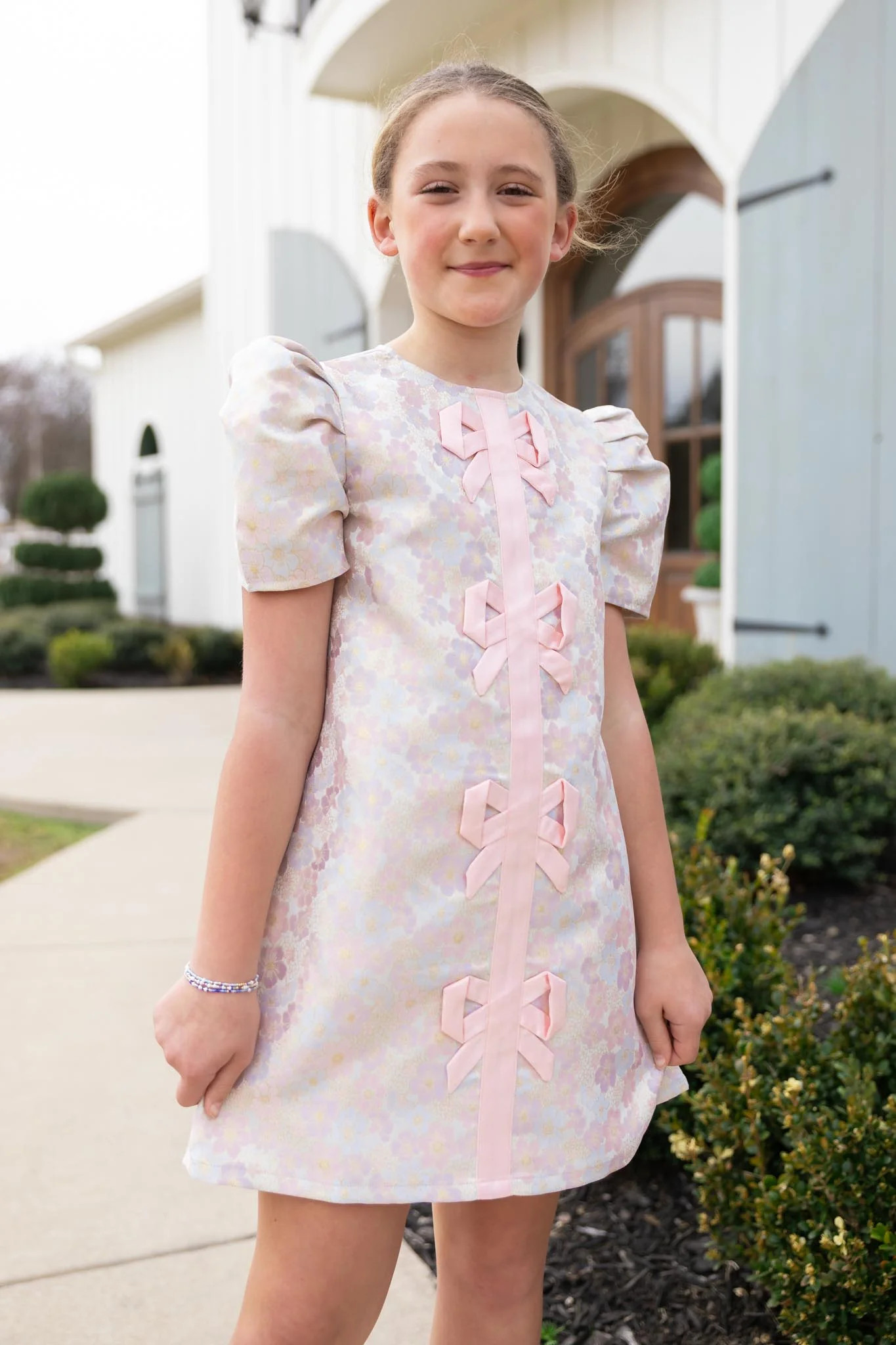 SSYS Kids Everly Satin Bow Trim Puff Sleeve Shift Dress In Pink Brocade | SSYS