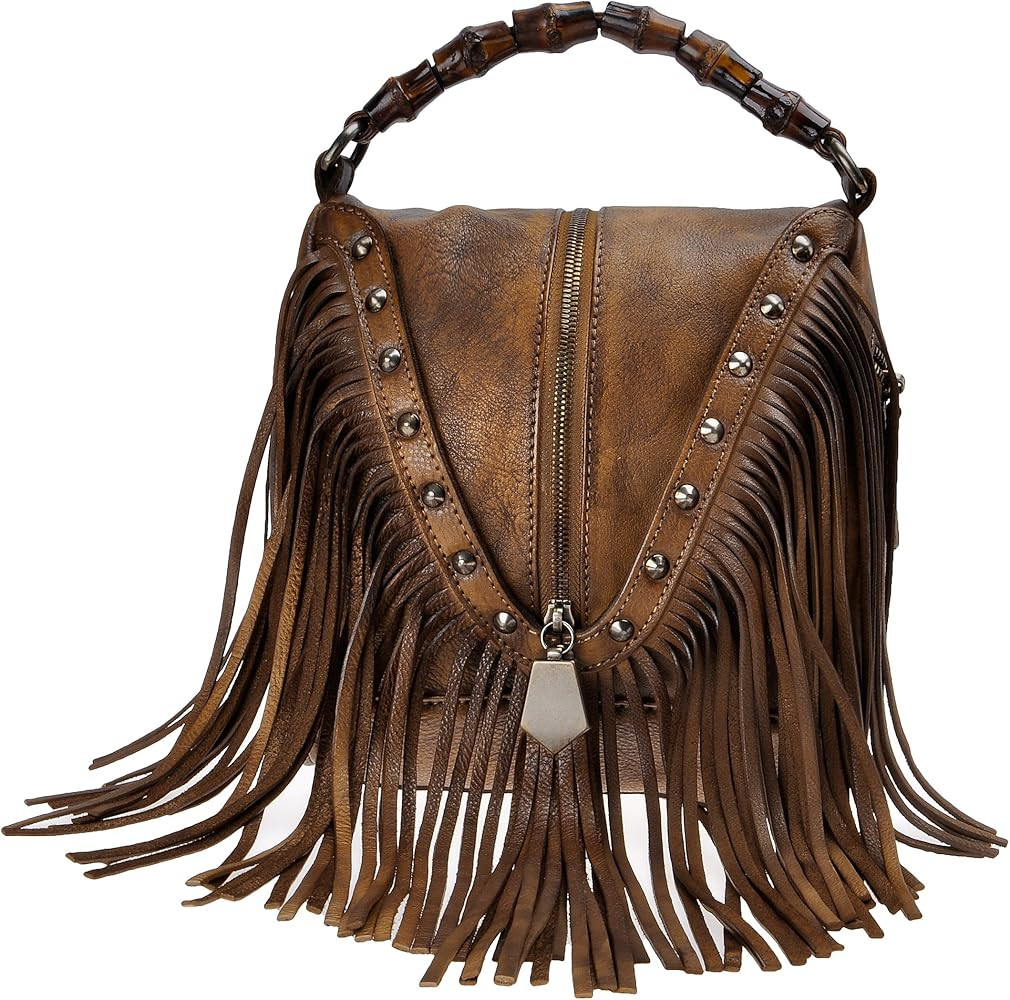 ZLYC Women's Leather Bamboo Hand Strap Featured Fringe Bohemian Tassel Studed Cross Body Bag | Amazon (US)