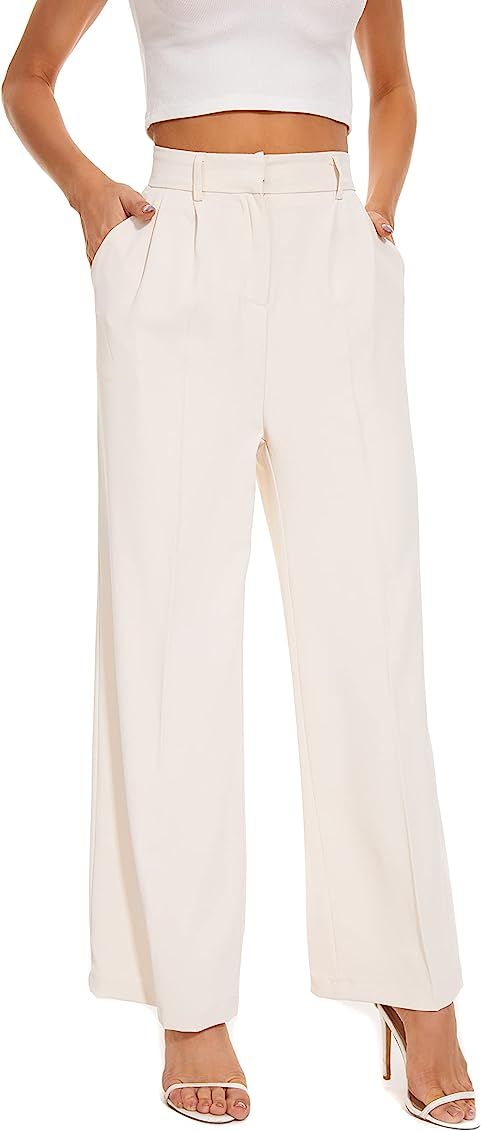 FUNYYZO Women's Wide Leg Pants High Elastic Waisted in The Back Business Work Trousers Long Straight | Amazon (US)