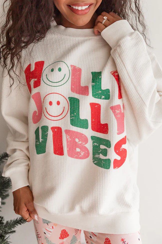 Holly Jolly Vibes Ivory Corded Graphic Sweatshirt | Pink Lily